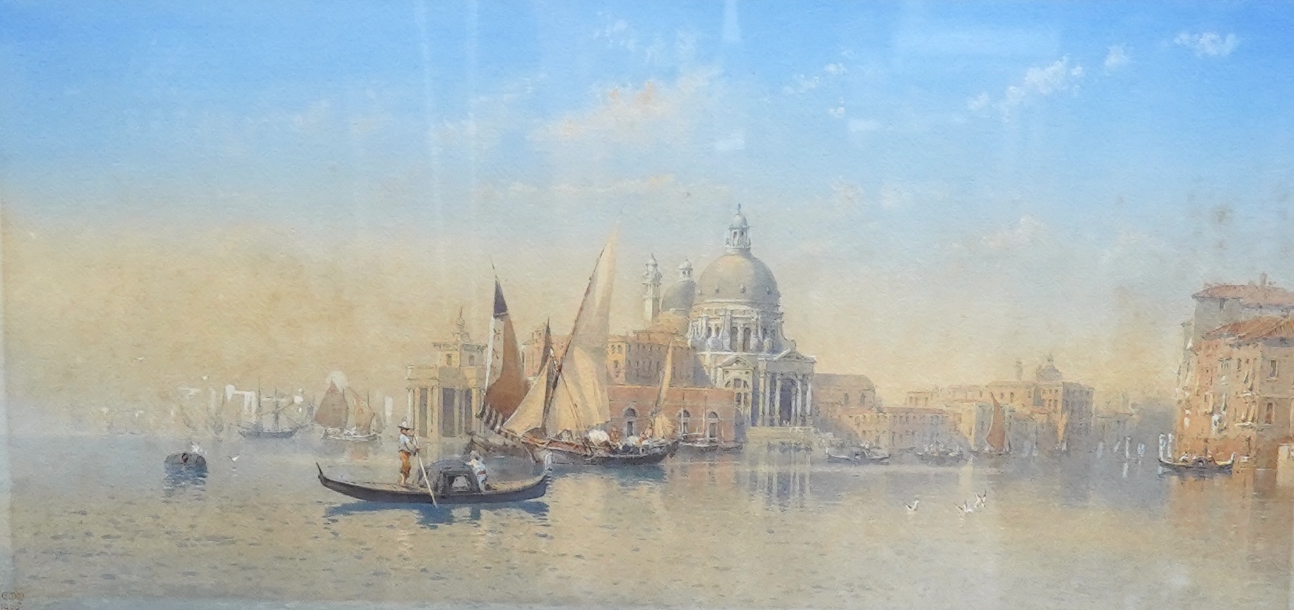 Edward W. Hereford (Exh.1884-1915), watercolour, 'The Customs Point, Venice', monogrammed and dated 1905, details verso, 33 x 69cm. Condition - poor, in need of a clean